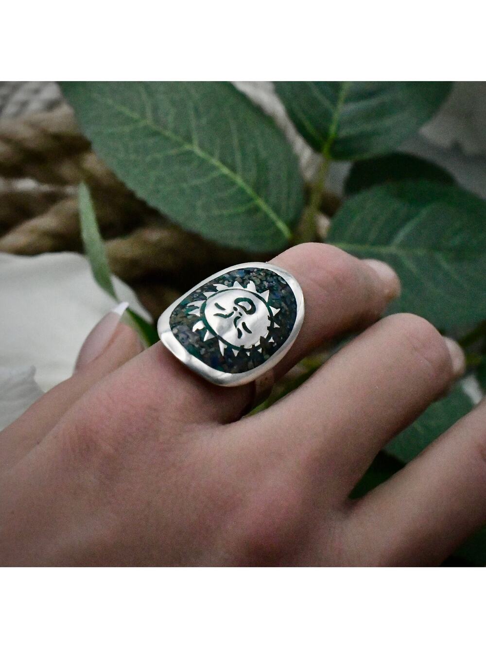 Vintage Taxco Sterling Silver Sun Face Ring Eagle 3 JCL Mosaic Inlay Adjustable